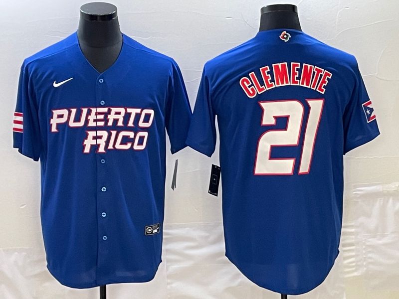 Men 2023 World Cub Puerto Rico 21 Clemente Blue Nike MLB Jersey3